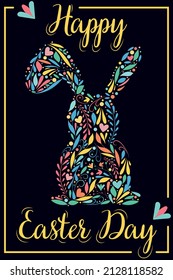 easter bunny silhouette with patterns, flowers, swirls inside - happy easter day, cute vector illustration in flat style for card, invitation, dark blue background