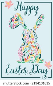 easter bunny silhouette with patterns, flowers, swirls inside - happy easter day, cute vector illustration in flat style for card, invitation, souvenir