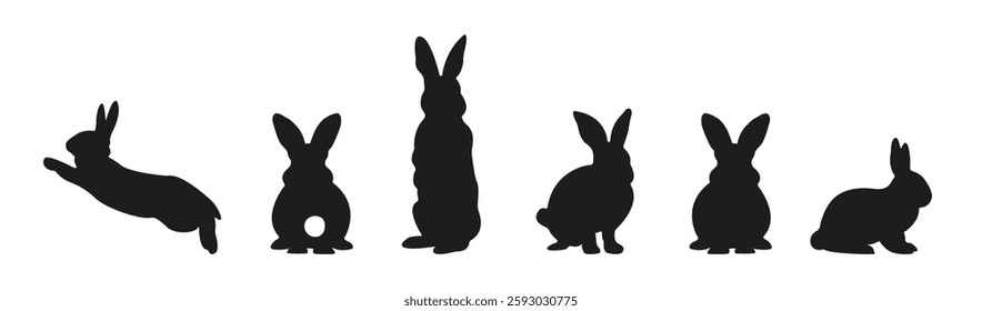 Easter Bunny Silhouette Set Isolated On White Background. Collection Of Different Rabbit For Poster Design, Banners, Advertisement, Marketing, Social Media, Web. Happy Easter Vector Illustration Icon.