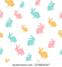 Easter bunny silhouette vector seamless pattern, traditional hliday rabbits. Kids clothes animal print. Easter rabbit bunny simple graphic illustration in pink, blue, yellow on white