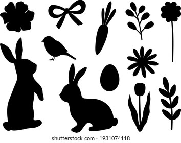 Easter bunny silhouettes bird flowers vector illustration