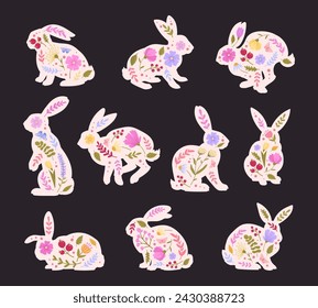 Siluetas de conejito de Pascua. Conejos de dibujos animados con flores de primavera, conjunto de ilustración vectorial plana de Pascua de liebre decorada floral. Bonita decoración de conejos de Pascua