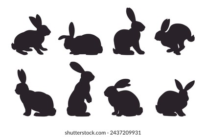 Siluetas de conejito de Pascua. Lindos conejos monocromos de primavera, liebres de Pascua orejadas vector plano conjunto de ilustración. Colección de silueta de conejos de vacaciones negros