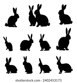 Easter bunny silhouettes isolated on white background. Set different silhouettes bunnies for use in design. Vector illustration of animals