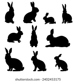 Easter bunny silhouettes isolated on white background. Rabbit and Hare collection vector illustration of animals