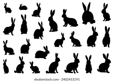 Easter bunny silhouettes isolated on white background. Set different silhouettes bunnies for use in design. Vector illustration of animals
