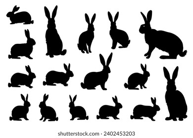 Easter bunny silhouettes isolated on white background. Rabbit and Hare collection vector illustration of animals