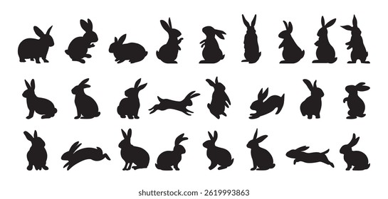 Easter bunny silhouettes, rabbit clip art set design, isolated decorative elements for holidays.