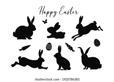 Siluetas de conejo de Pascua. Feliz Pascua. Abundantes de primavera con mariposa, huevos, zanahorias y texto. Silhouettes negras aisladas en fondo blanco. Diseños de Pascua. 