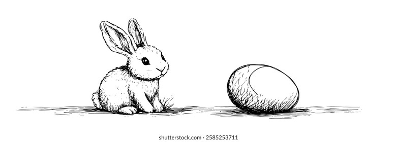easter bunny with single egg simple cute scene vector doodle black sketch illustration