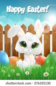 Easter bunny siting on a grass among Easter eggs. Vector illustration.