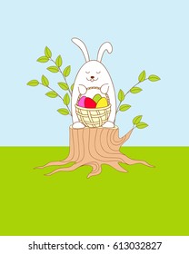 Easter bunny siting on the stump and keeping a basket with easter eggs. Illustration for greeting and invitation easter card, print for decorate. eps 10
