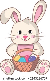 The Easter Bunny sits with a basket of Easter eggs.