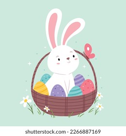 The Easter Bunny sits in an Easter basket with eggs. Easter card. Happy easter. Cute spring illustration.
