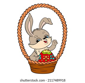 Easter Bunny sits in a basket and holds a painted egg. Vector illustration in flat cartoon style