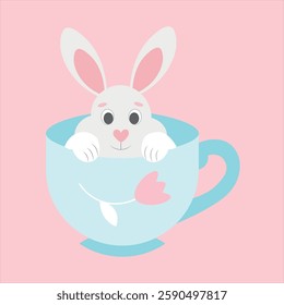  The Easter bunny sits in a blue mug with a tulip. He has cute ears sticking out. Color vector illustration on a pink background in flat style. Character for Easter. 