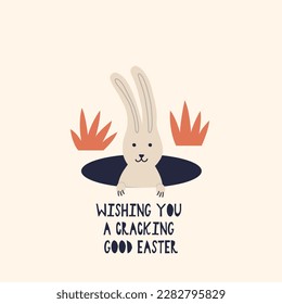 Easter Bunny sits in a burrow. Cartoon Rabbit character. Happy Easter holiday concept for egg hunt design, print, social media, poster, postcard. Modern Flat Style