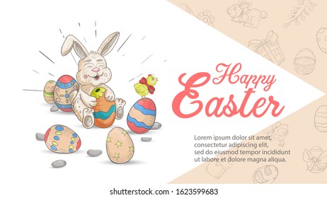 Easter Bunny sitting among the colored eggs and holding an egg in its paws, illustration in the style of children's Doodle, the inscription greeting for the design of banners, postcards, vector EPS 10