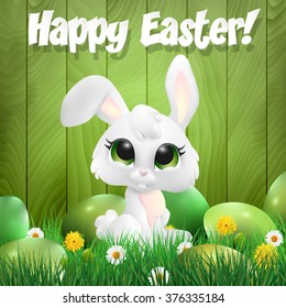 Easter bunny sitting among ester eggs, wooden background. Vector illustration.