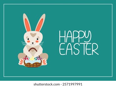 Easter bunny sitting with basket of colorful eggs on green background with happy Easter lettering - vector illustration for design of cards, banners, packaging