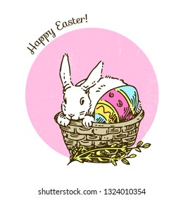 Easter bunny sitting in basket with egg. Vintage color card. Engraving style. Vector ilustration.