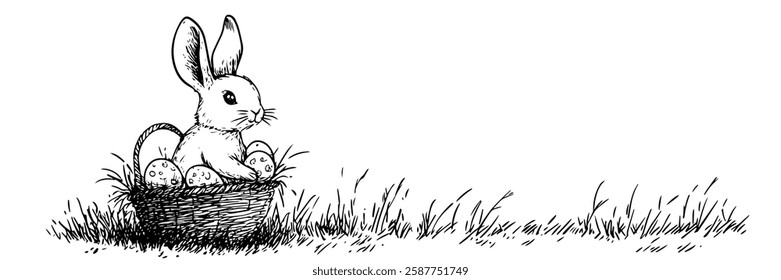 easter bunny sitting in basket with eggs in hand-drawn line art style