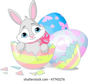 Easter bunny sitting in the broken Easter Egg.