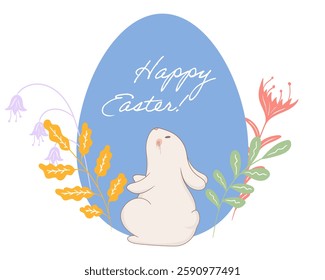 Easter bunny sitting card icon. Fluffy rabbit sitting in front of a blue egg with Happy Easter text, surrounded by decorative flowers and leaves. Festive spring holiday illustration