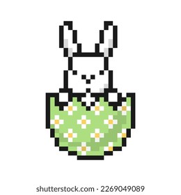 Easter bunny sitting in an eggshell half. Icon in pixel art style. Vector symbol, isolated on a white background