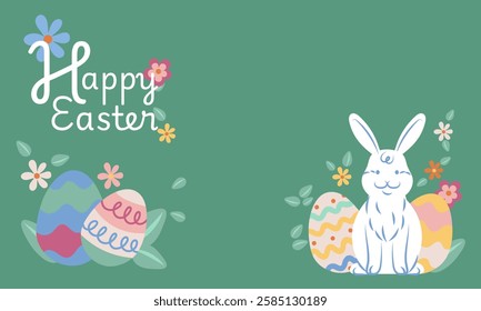 Easter bunny sitting near decorated eggs and spring flowers with leaves on a green background with happy easter calligraphic lettering