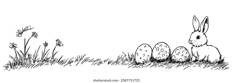 easter bunny sitting next to decorated eggs in hand-drawn line art style