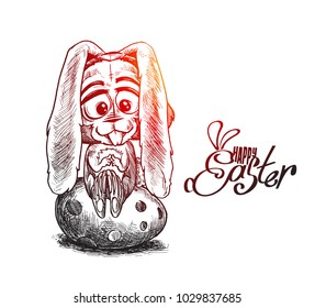 Easter bunny sitting on egg, Hand Drawn Sketch Vector illustration.