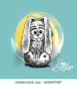 Easter bunny sitting on egg, Hand Drawn Sketch Vector illustration.