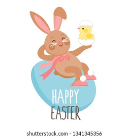 Easter bunny sitting on an egg, Easter greeting card, vector illustration