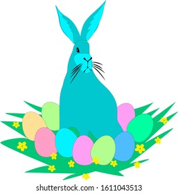 
Easter bunny is sitting on the green grass with yellow flowers. Around the hare are laid out colorful Easter eggs. Vector illustration made in pastel colors.