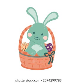 Easter bunny is sitting in a wicker basket with colorful Easter eggs. Сute rabbit. Vector illustration in a flat style.