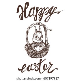 Easter bunny sitting in a wicker basket and holding egg. Happy easter