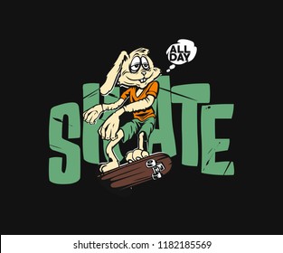 Easter Bunny with skateboard, Hand Drawn Vector illustration.