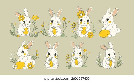 Easter Bunny Sketch Set Pastel Floral Rabbit Eggs Spring Flower Holiday Rustic Folk Art Vector Collection