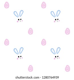 Easter bunny sketchy face and pink eggs seamless vector pattern