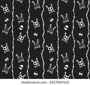 Easter Bunny Skull and Crossbones Barbed Wire and Eggs Vector Seamless Pattern