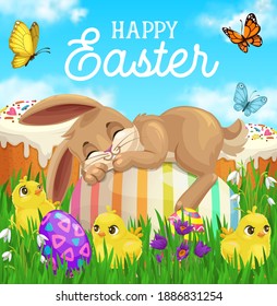 Easter bunny sleeping on egg vector greeting card with green grass, chicks, Easter sweet cakes and spring flowers, butterflies, blooming crocuses and lily of the valley. Resurrection Sunday holiday