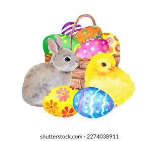 Easter bunny and small chick with colored eggs in basket. Cute little rabbit and new born tiny bird. Watercolor vector beautiful design for holiday card