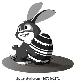 Easter bunny smiling. Easter rabbit in black and gray tones in an embrace with an easter egg in a clearing. Vector graphics.