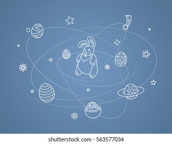 Easter bunny in space surrounded by egg shaped planets