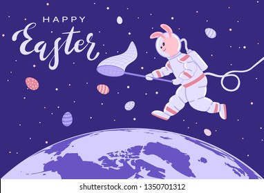 Easter Bunny in a spacesuit collects eggs. Lettering Happy Easter in blue space, illustration.