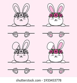 Easter bunny split monogram with flower wreath. Hare with a bent ear. Vector cute character for greeting cards, print on a t-shirt, a mug. For your text. Floral elements.