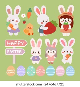 Easter Bunny and Spring Elements Cute Illustration.Adorable Easter Characters with Carrots and Eggs.