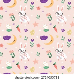  Easter bunny, spring eve seamless pattern, can be used for textile, fabric, wrapping paper, wallpaper, cover, cute naive vector illustration