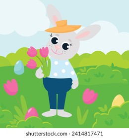 El conejo de Pascua con flores de primavera en las manos está entre la pradera verde. Ilustración al estilo de las caricaturas.